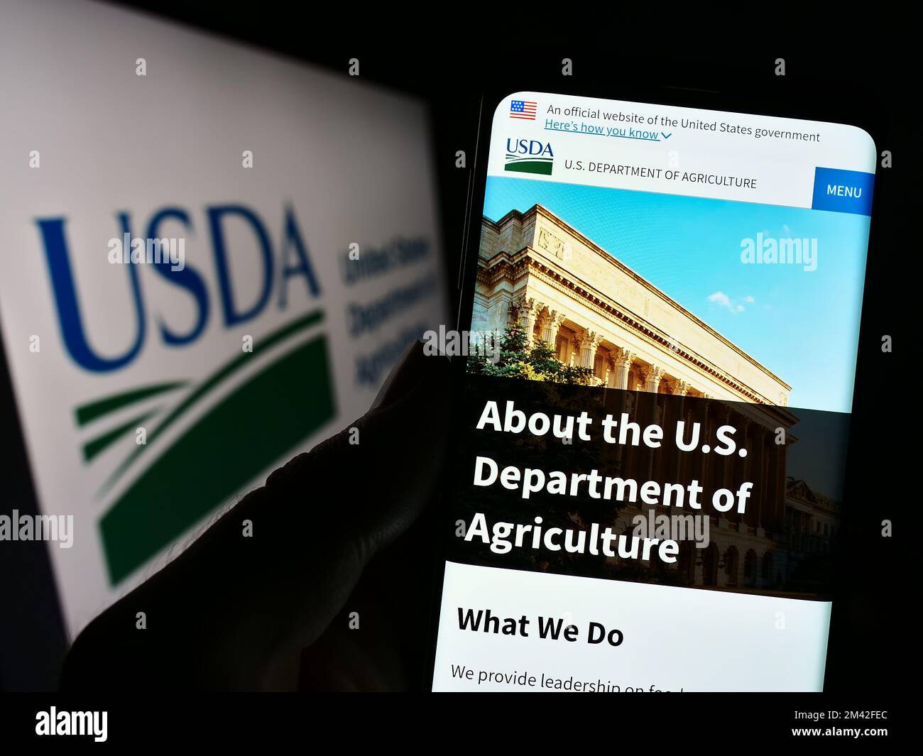 Person holding mobile phone with website of United States Department of Agriculture (USDA) on screen with logo. Focus on center of phone display. Stock Photo