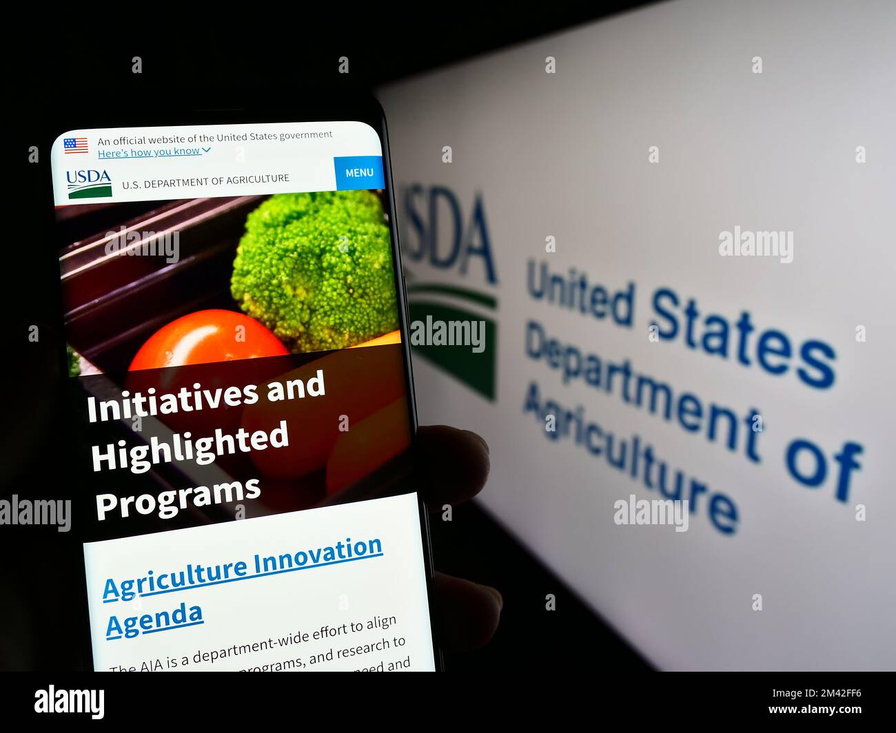 Person holding cellphone with webpage of United States Department of Agriculture (USDA) on screen with logo. Focus on center of phone display. Stock Photo
