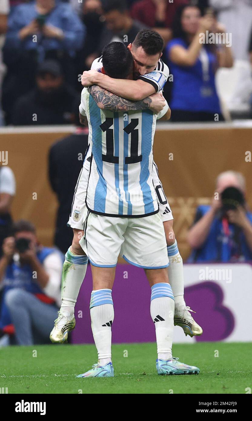 Doha, Qatar, 18th December 2022. Lionel Messi of Argentina celebrates scoring the first goal with Angel Di Maria of Argentina  during the FIFA World Cup 2022 match at Lusail Stadium, Doha. Picture credit should read: David Klein / Sportimage/Alamy Live News/Alamy Live News Credit: Sportimage/Alamy Live News Stock Photo