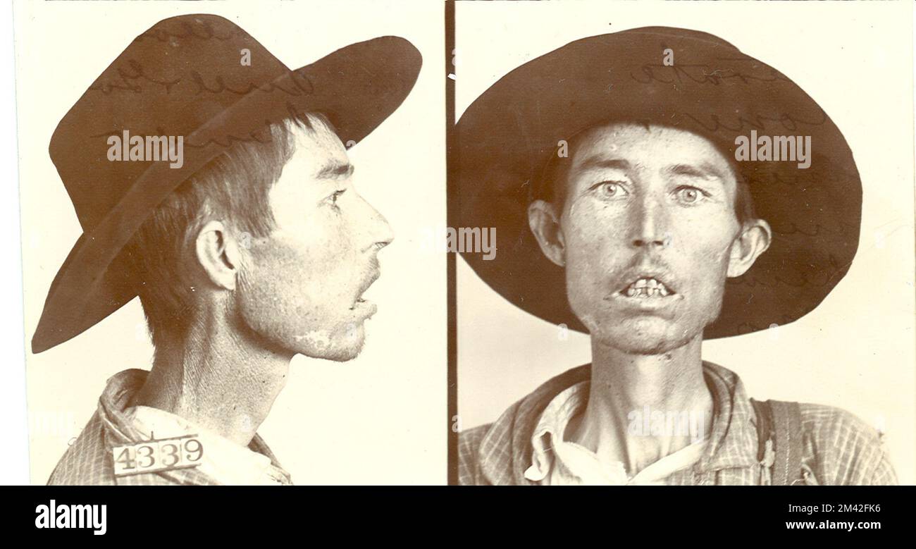 Solomon Sivils, Inmate Number 4339, at Leavenworth Federal Penitentiary. Solomon Sivils was sentenced to 18 months and fined $10 for introducing liquor into Indian Territory in 1904. The prison physician reported him to be “Tubercular and extremely emaciated from Morphine addiction. Unfit for manual labor.”. 1904-01-01T00:00:00. Bureau of Prisons, Inmate case files. Stock Photo