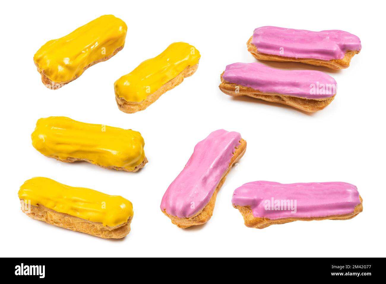 Fresh tasty eclairs isoalted on white background. Top view. Stock Photo