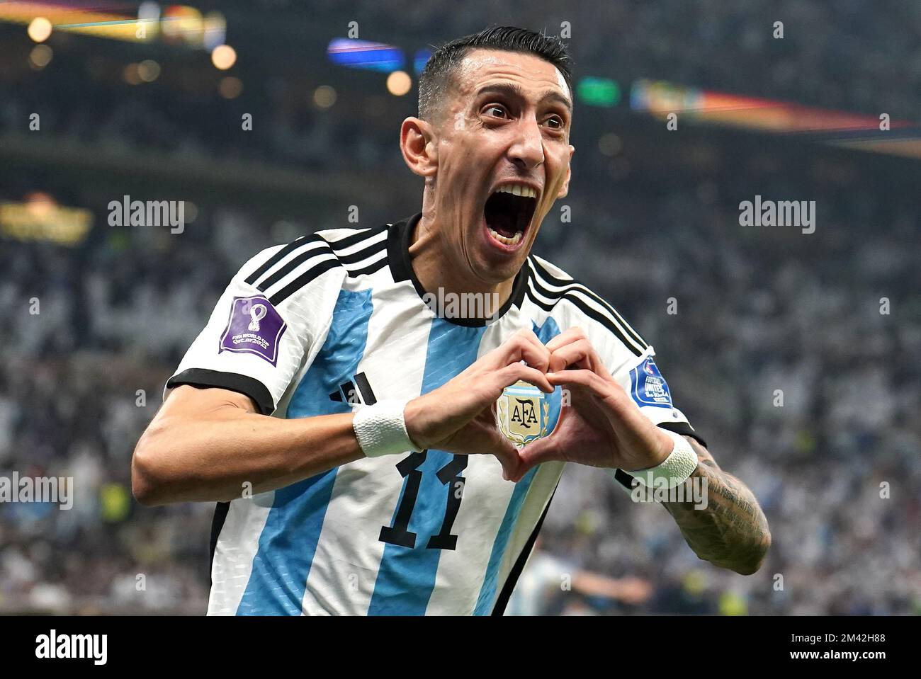 Argentina's Angel Di Maria celebrates scoring their side's second goal of the game during the FIFA World Cup final at Lusail Stadium, Qatar. Picture date: Sunday December 18, 2022. Stock Photo