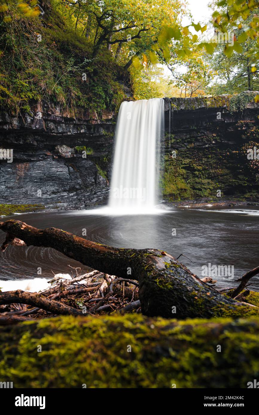 Sgwd Gwladys waterfall or Lady Falls in Brecon Beacons National Park, the Vale of Neath. South Wales, the United Kingdom. Four Waterfalls walk. Stock Photo