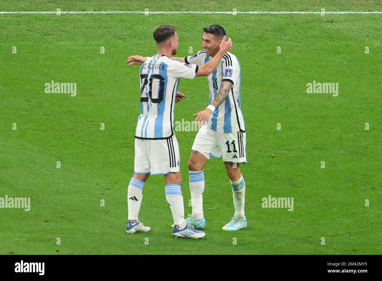 Lusail, Qatar. 18th Dec, 2022. Angel Di Maria of Argentina celebrates scoring ArgentinaÕs second goal with Alexis Mac Allister of Argentina during the Final of the FIFA World Cup Qatar 2022 between Argentina and France at Lusail Stadium, Lusail, Qatar on 18 December 2022. Photo by Peter Dovgan. Editorial use only, license required for commercial use. No use in betting, games or a single club/league/player publications. Credit: UK Sports Pics Ltd/Alamy Live News Stock Photo