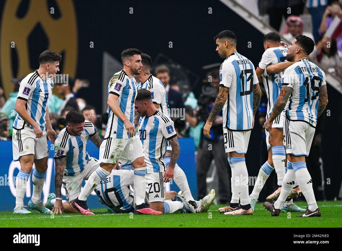 LUSAIL CITY, QATAR - DECEMBER 18: Lionel Messi of Argentina celebrates after scoring the team's first goal with his team mates during the Final - FIFA World Cup Qatar 2022 match between Argentina and France at the Lusail Stadium on December 18, 2022 in Lusail City, Qatar (Photo by Pablo Morano/BSR Agency) Credit: BSR Agency/Alamy Live News Stock Photo