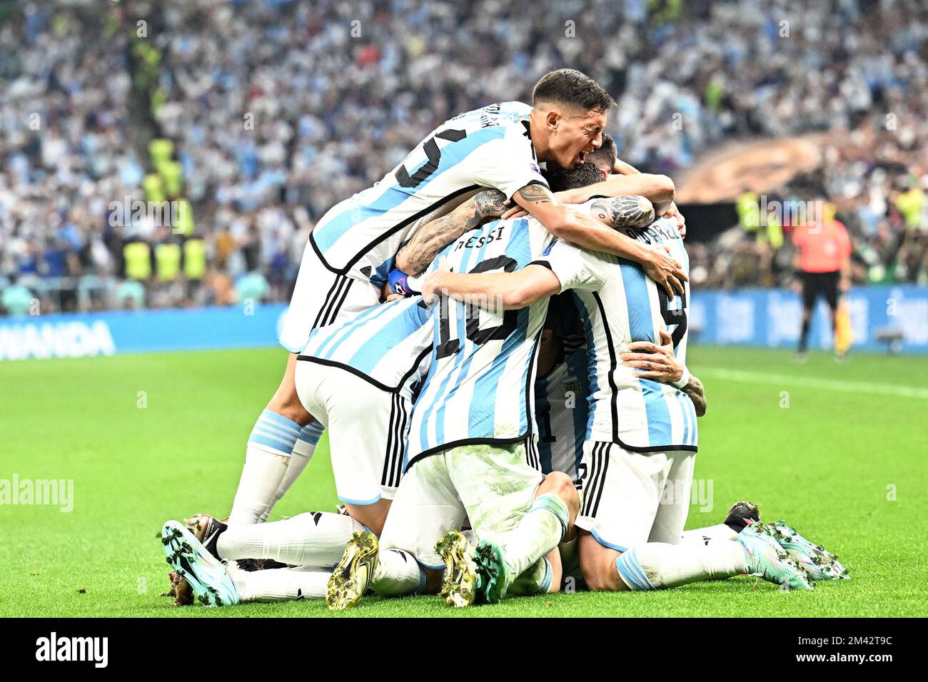Doha, Qatar on December 18, 2022. Enzo Fernandez of Argentina, Cristian Romero of Argentina, Lionel Messi of Argentina, Rodrigo De Paul of Argentina, Julian Alvarez of Argentina, Angel Di Maria of Argentina celebrate after scoring the team's second goal during the FIFA World Cup Qatar 2022 Final match between Argentina and France at Lusail Stadium on December 18, 2022 in Lusail City, Qatar. Photo by David Niviere/ABACAPRESS.COM Credit: Abaca Press/Alamy Live News Stock Photo