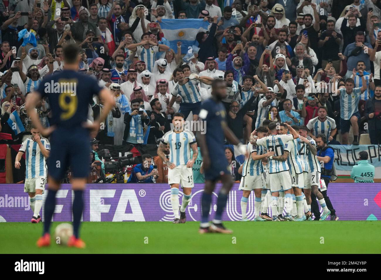 LUSAIL, QATAR - DECEMBER 18: Player of Argentina Lionel Messi celebrates after scoring a goal during the FIFA World Cup Qatar 2022 Final match between Argentina and France at Lusail Stadium on December 18, 2022 in Lusail, Qatar. (Photo by Florencia Tan Jun/PxImages) Stock Photo
