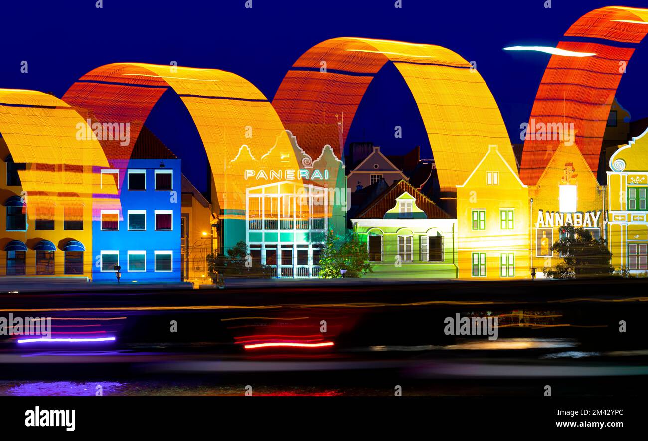 Punda waterfront of downtown Willemstad, Curacao. Light trails from