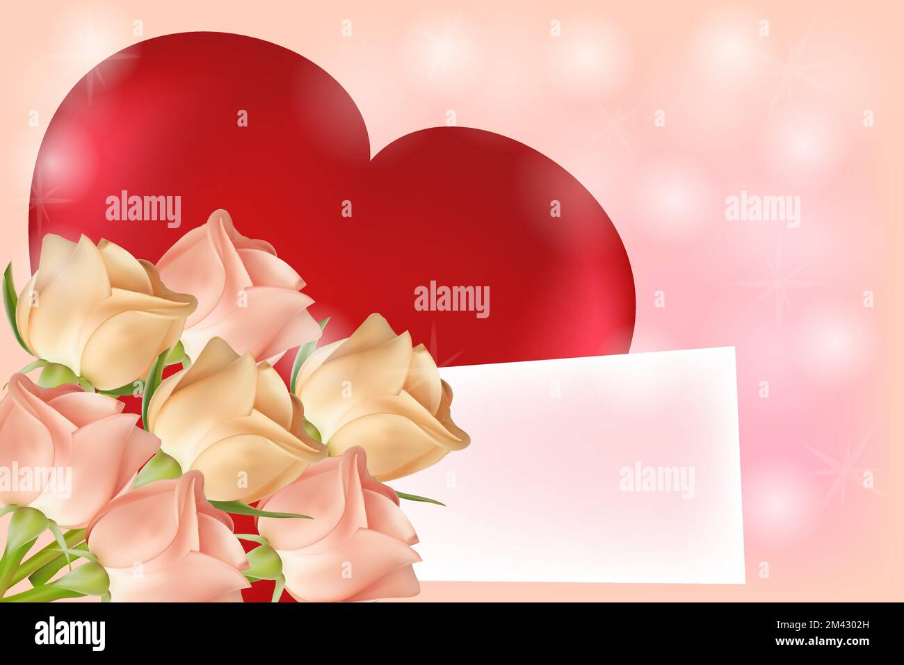 A bouquet of pink and beige roses, a big red heart and a card for a signature on a pink background. Valentine's day concept. Vector image. Stock Vector