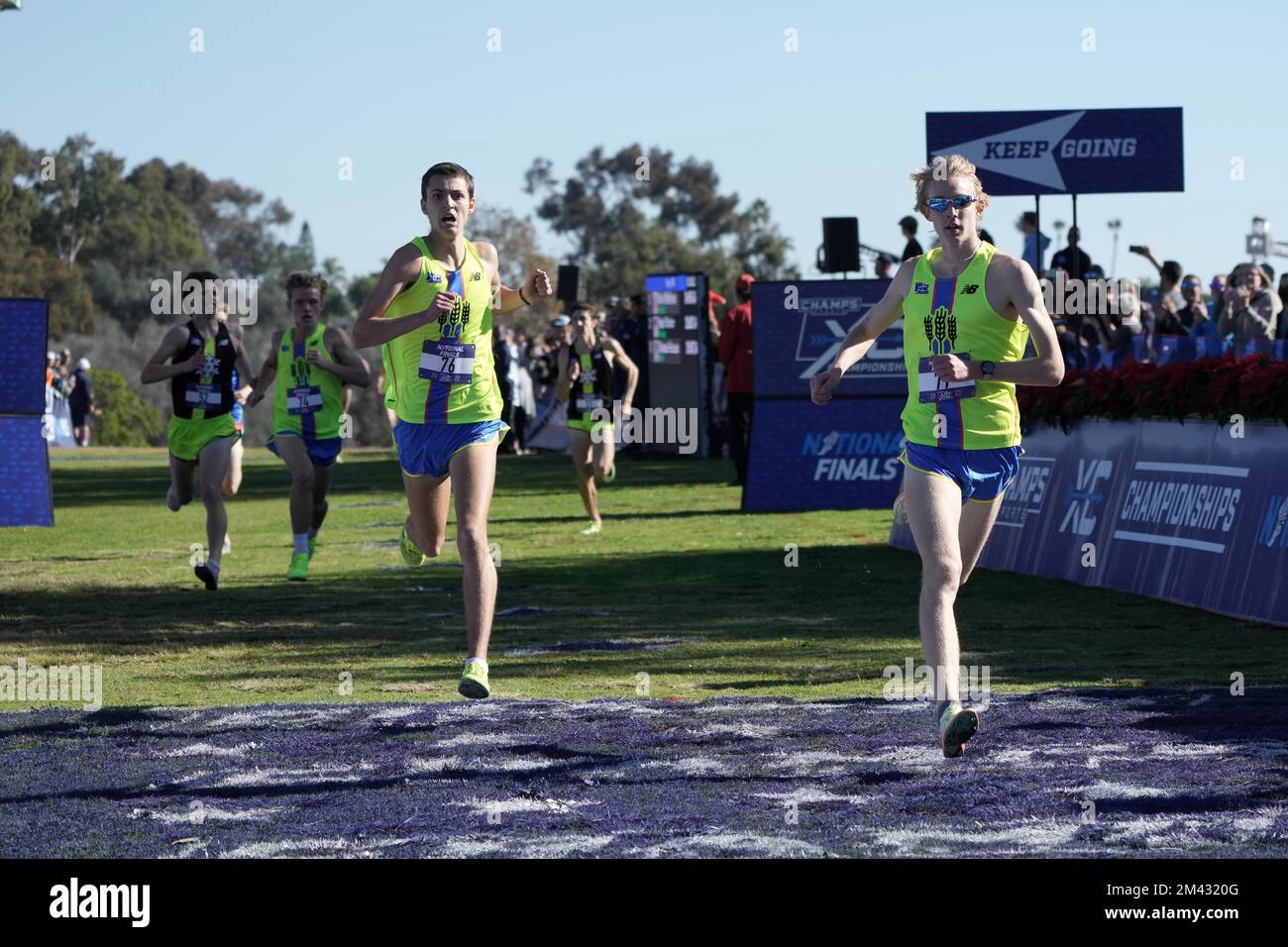 Simeon Birnbaum (77) and Connor Ackley (76) place fourth and fifth in the boys race in 15:11.3 and 15:11.8 at the 43rd Champs Sports Cross Country Championships High School National Final, Saturday, Dec. 10, 2022, in San Diego. Stock Photo