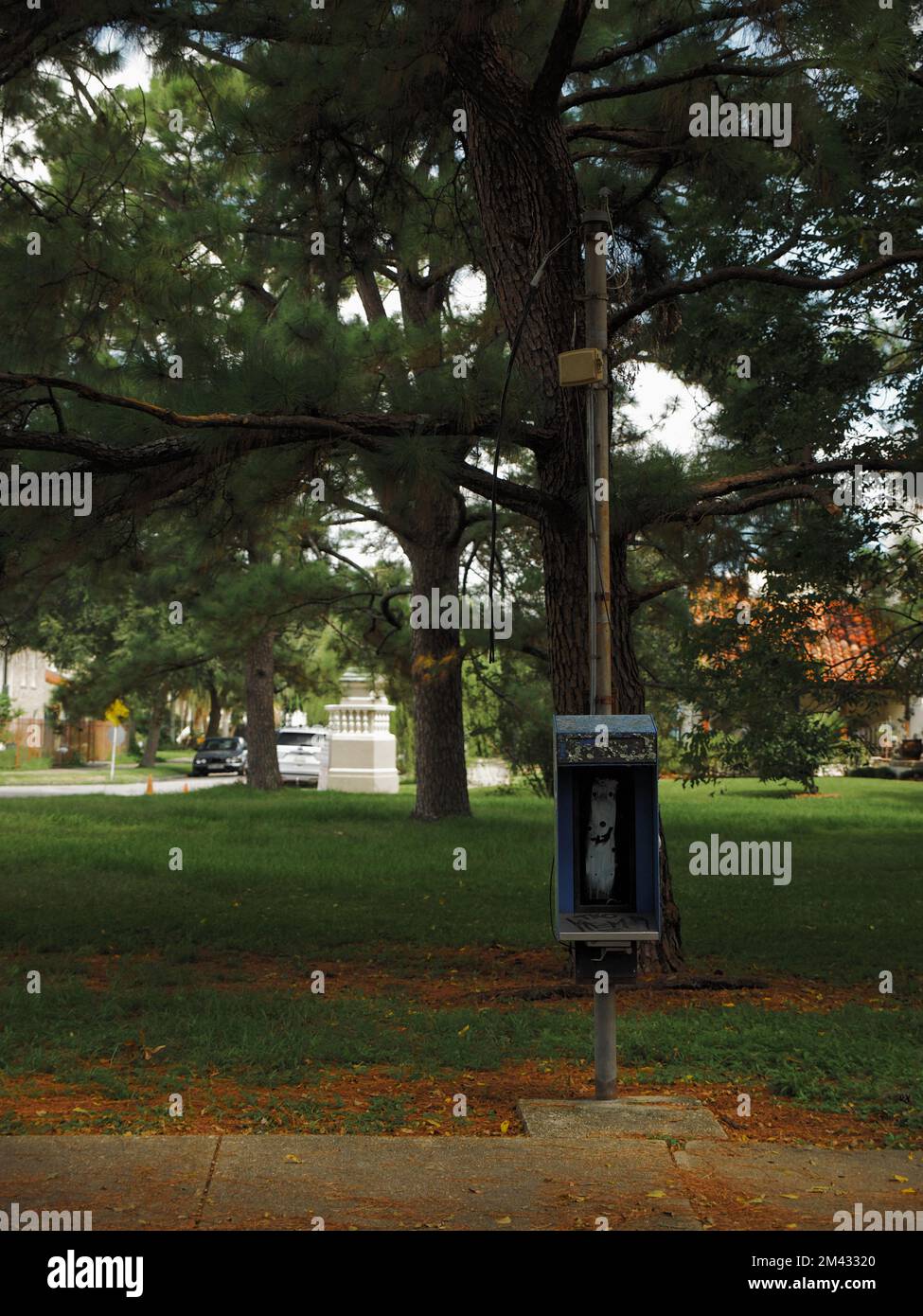 An old broken public telephone box on a pole in a green park Stock Photo