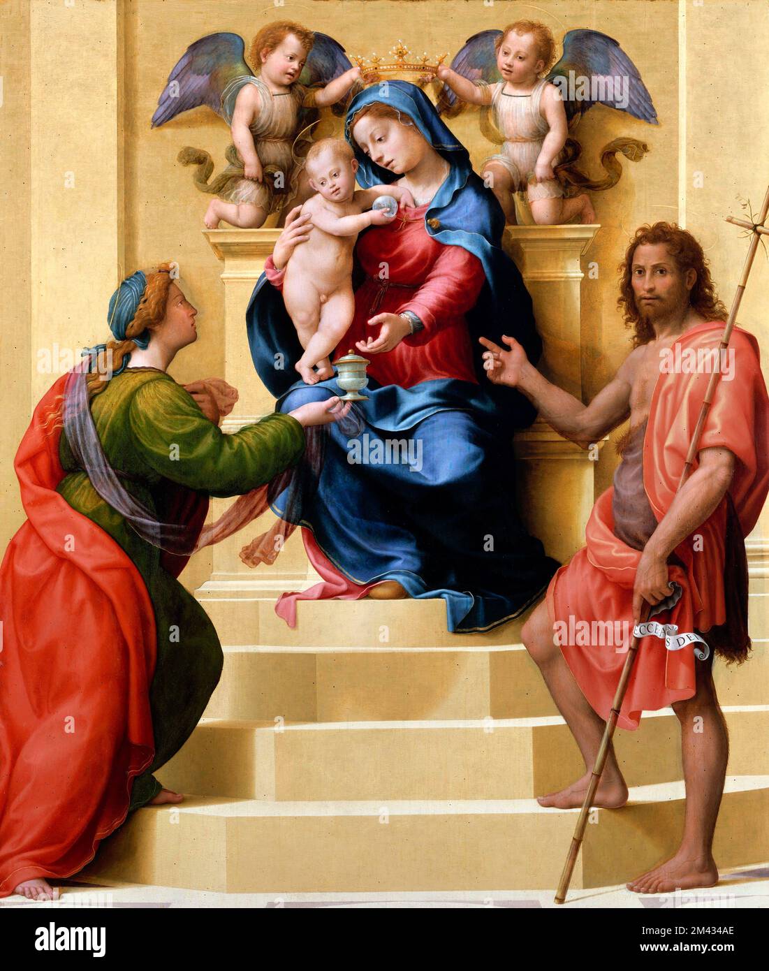 Madonna and Child Enthroned with Saints Mary Magdalen and John the Baptist by the Italian Renaissance painter,  Giuliano Bugiardini (1475-1555), oil on wood, c. 1523 Stock Photo