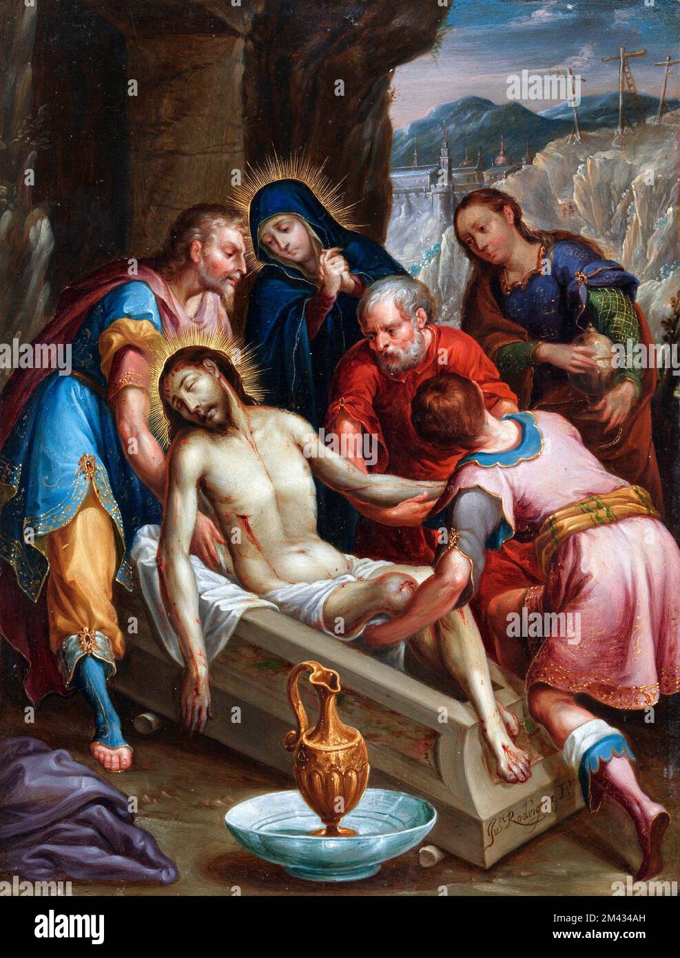 The Entombment of Christ by Juan Rodríguez Juárez (1675-1728), oil and gold on copper, c. 1702 Stock Photo