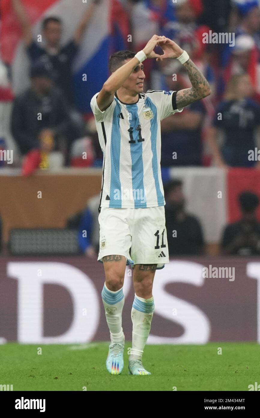 LUSAIL, QATAR - DECEMBER 18: Player of Argentina Ángel Di María celebrates after scoring a goal during the FIFA World Cup Qatar 2022 Final match between Argentina and France at Lusail Stadium on December 18, 2022 in Lusail, Qatar. (Photo by Florencia Tan Jun/PxImages) Stock Photo