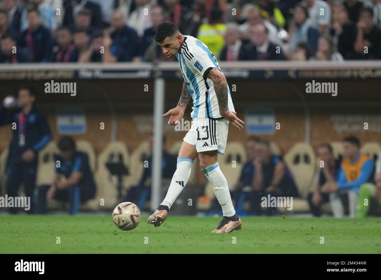 LUSAIL, QATAR - DECEMBER 18: Player of Argentina Cristian Romero controls the ball during the FIFA World Cup Qatar 2022 Final match between Argentina and France at Lusail Stadium on December 18, 2022 in Lusail, Qatar. (Photo by Florencia Tan Jun/PxImages) Stock Photo