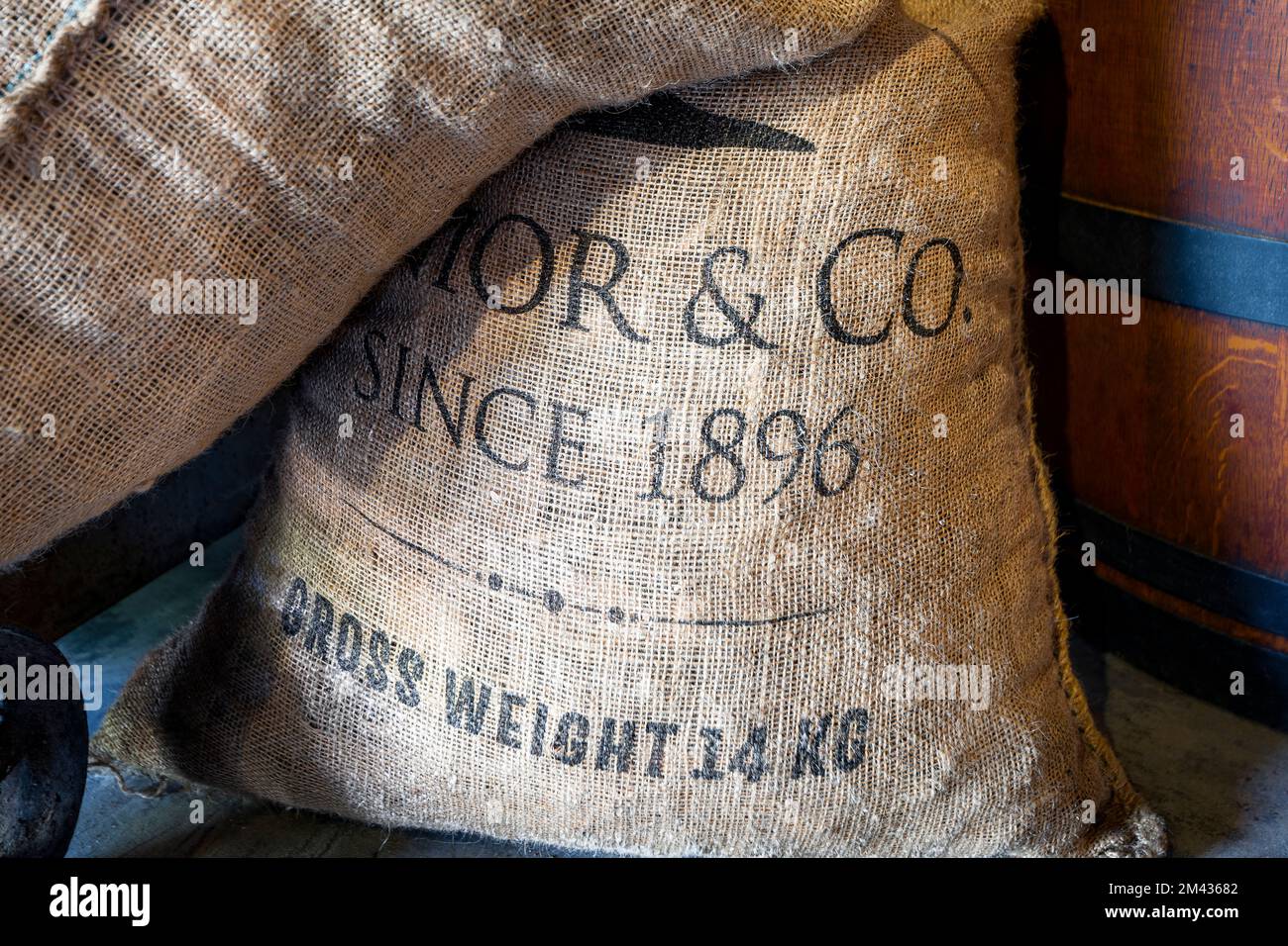 'Senior & Co' vintage burlap bags. Seen in The Curacao Liqueur Distillery at Landhuis Chobolobo, Curacao Stock Photo