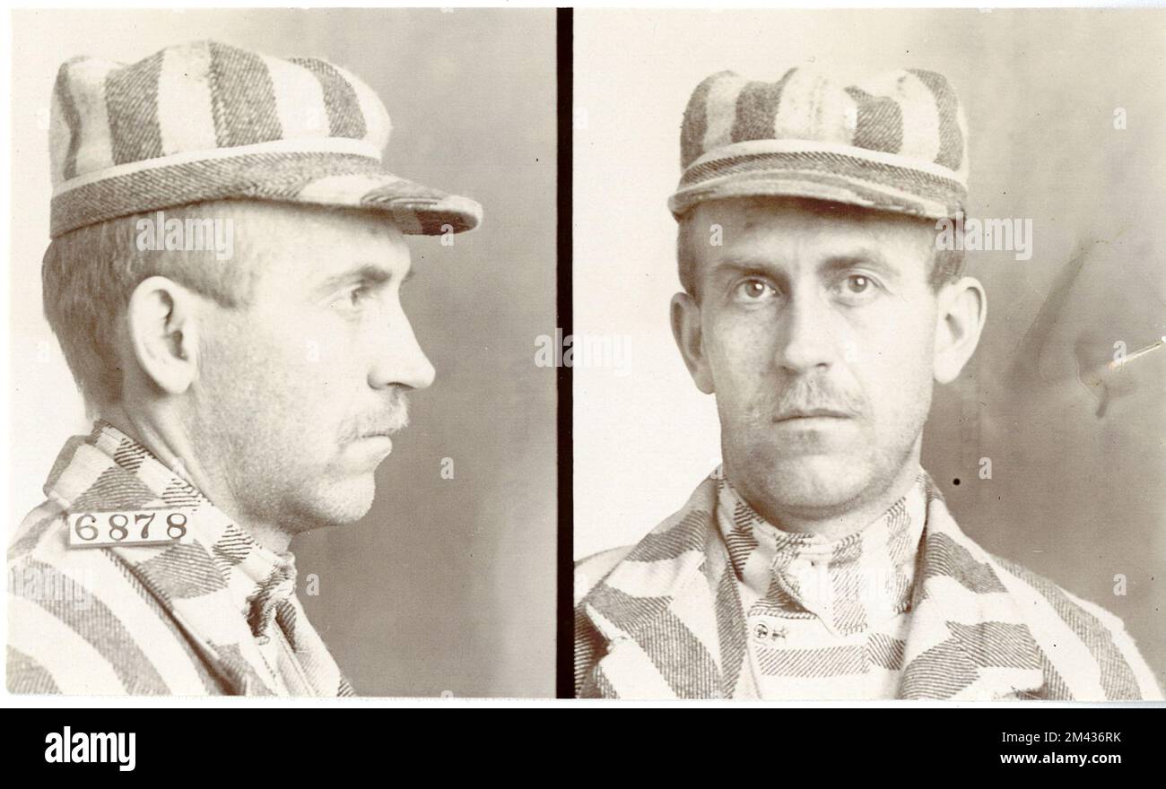 . This item is the prison photograph, also known as the 'mug shot,' of Leavenworth inmate Fred A. Foster, register number 6878. Bureau of Prisons, Inmate case files. Stock Photo