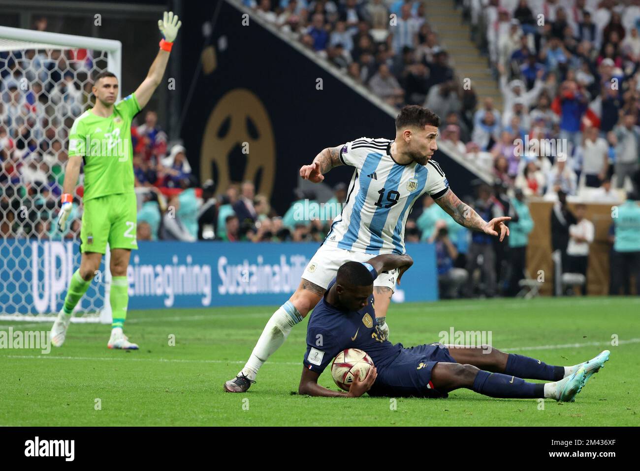 LUSAIL CITY, QATAR - DECEMBER 18: Kylian Mbappe of France in action against Nicolas Otamendi of Argentina during the FIFA World Cup Qatar 2022 Final match between Argentina and France at Lusail Stadium on December 18, 2022 in Lusail City, Qatar. Photo: Goran Stanzl/PIXSELL Stock Photo