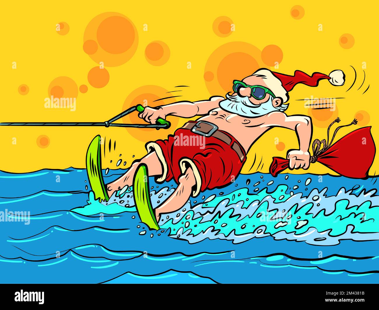 Santa Claus relaxing at a seaside resort. Man water skiing. New Year ...