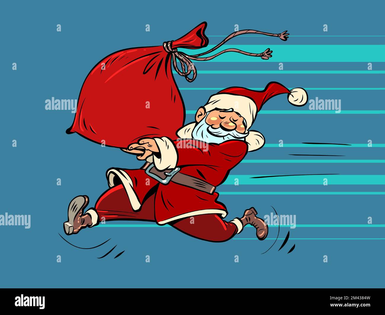 Santa Claus with a bag of gifts. Fast holiday shipping. New Year and Christmas Stock Vector