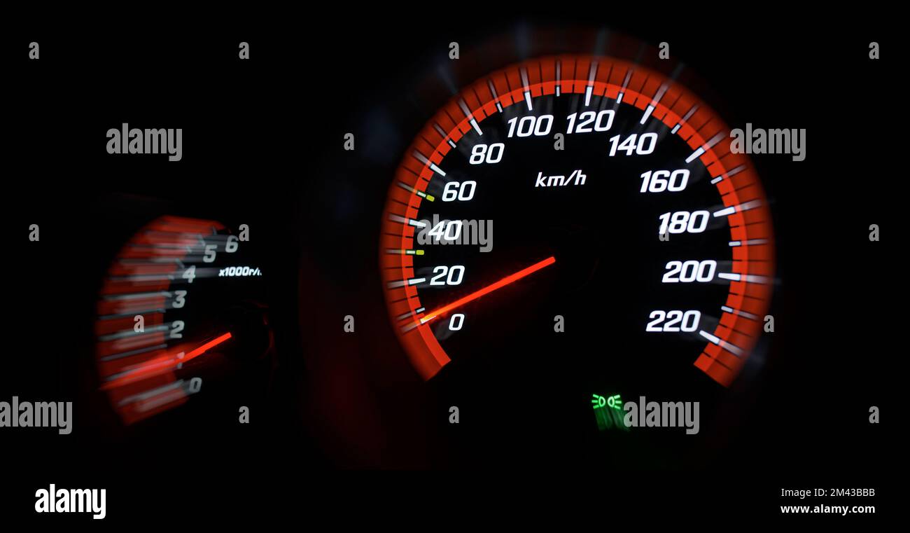 The speedometer of a modern car shows a high driving speed Stock Photo