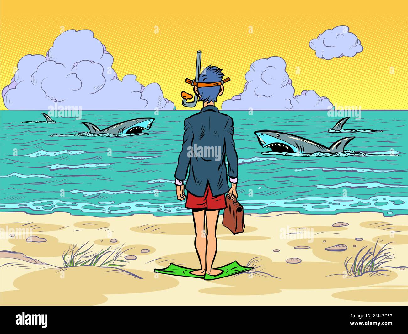 sharks in the water, a businessman in a scuba mask is preparing to dive, standing on the seashore of the ocean Stock Vector