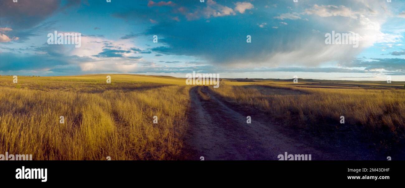 Panorama of a prairie landscape and road with evening light in autumn, Stark County, western North Dakota, USA Stock Photo