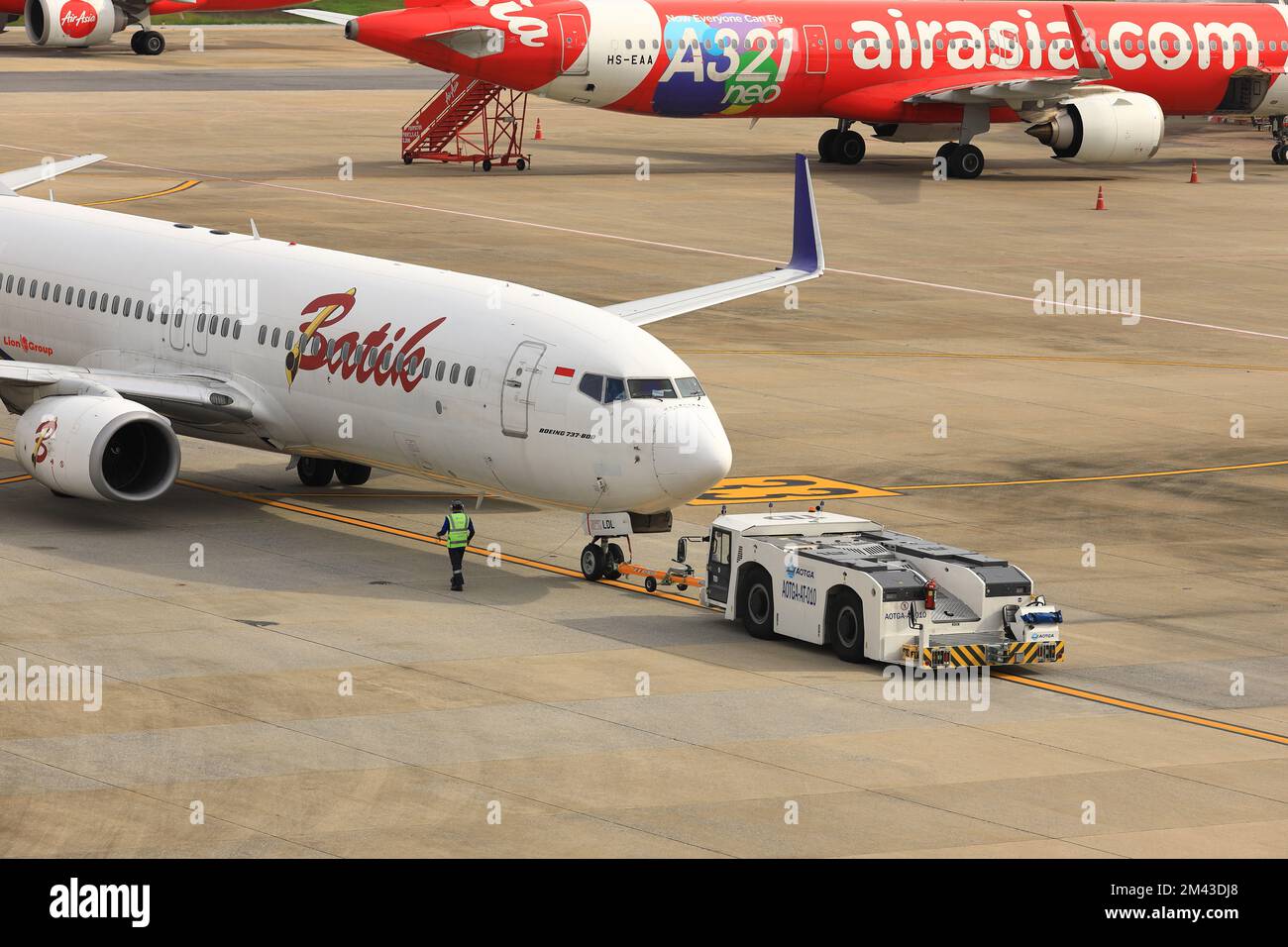 Airplane Tugs, Machine for push back the aircraft to taxiway, one in ground handling services Stock Photo
