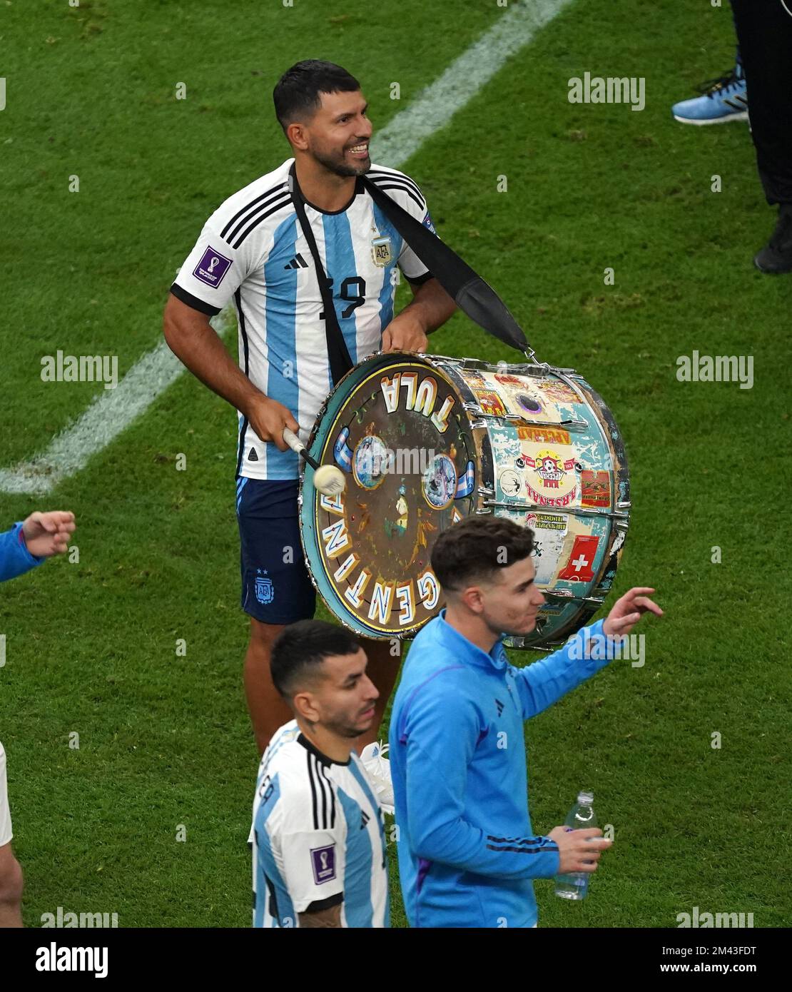 Sergio Aguero celebrates with a drum after Argentina win the FIFA World Cup final at Lusail Stadium, Qatar. Picture date: Sunday December 18, 2022. Stock Photo