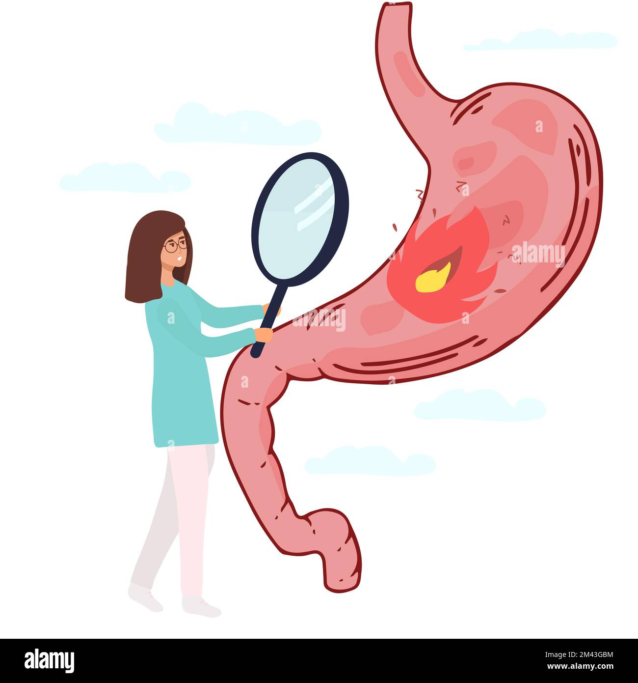 Group of doctors check up human stomach. A doctor holding magnifying