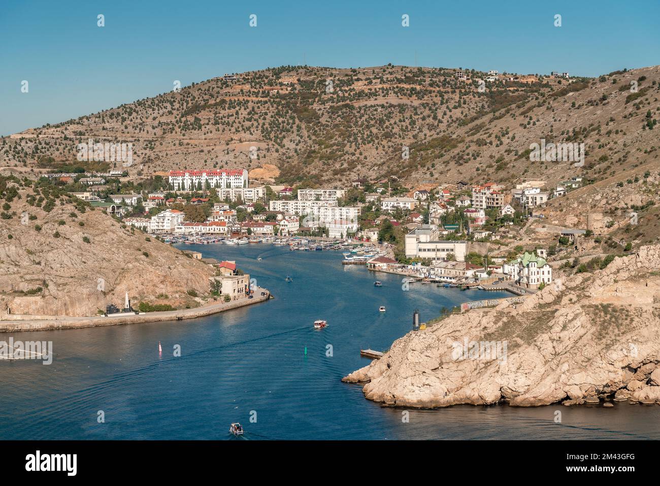 Panorama of the Balaklava bay. View from Cape Kuron, Crimea Stock Photo