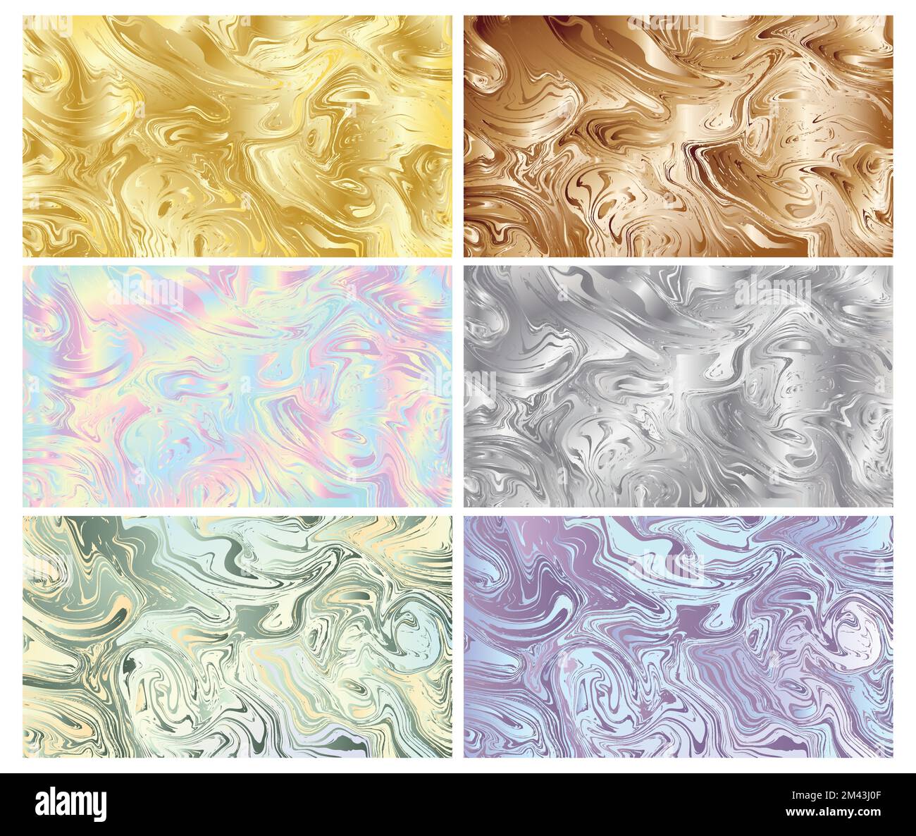 Set of six liquid metals, marble and holographic foil backgrounds Stock Vector