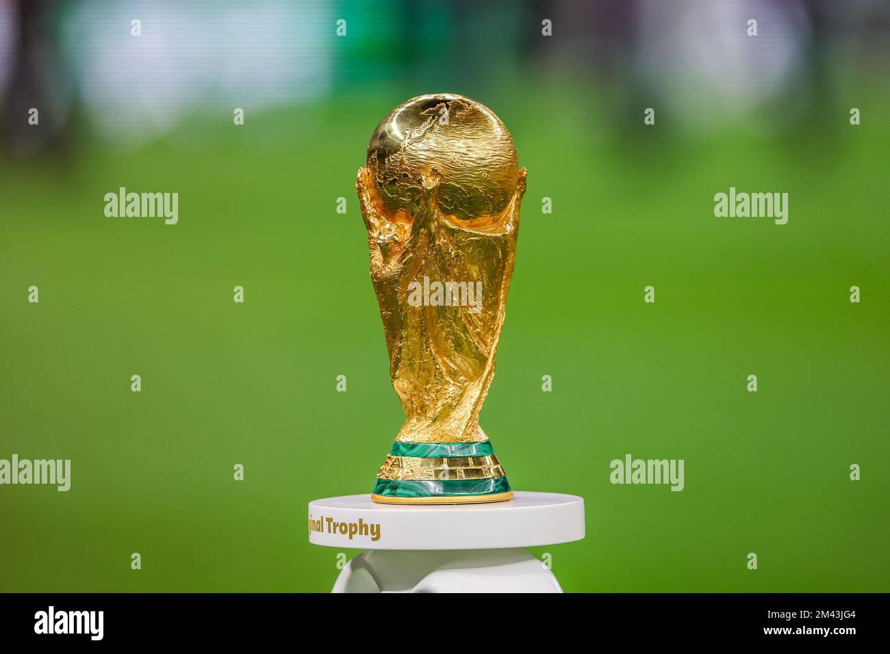 Doha, Qatar. 18th Dec, 2022. The FIFA World Cup Trophy is displayed on the pitch at the Qatar 2022 World Cup Final between Argentina and France at Lusail Stadium in Lusail, north of Doha, on December 18, 2022. (Photo: William Volcov) Credit: Brazil Photo Press/Alamy Live News Stock Photo