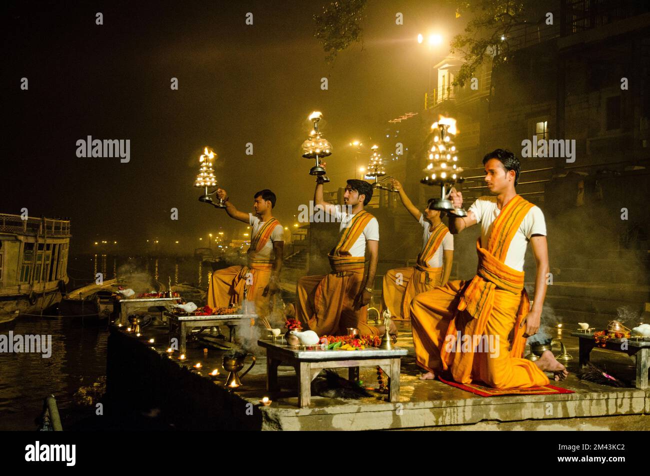 Aartii, the evening ceremony, is performed at many places all along the holy river Ganges, here at the main ghat Stock Photo