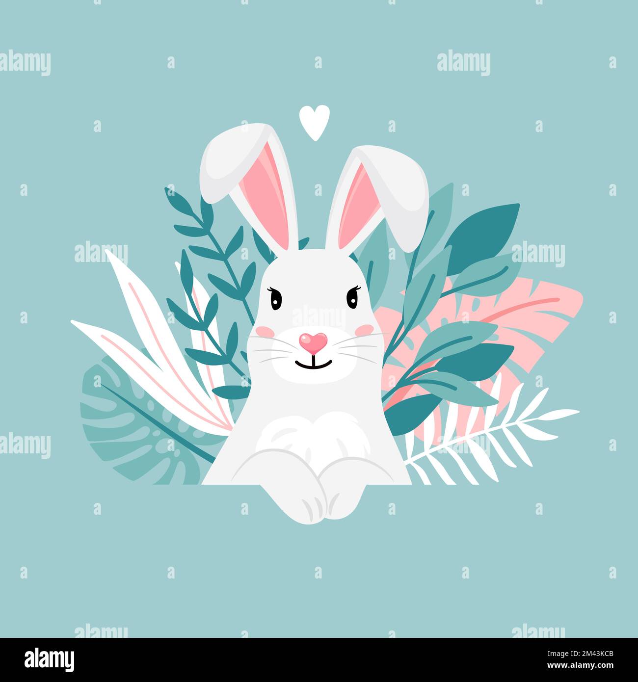 Happy white bunny with leaves and heart for your design. Cartoon ...