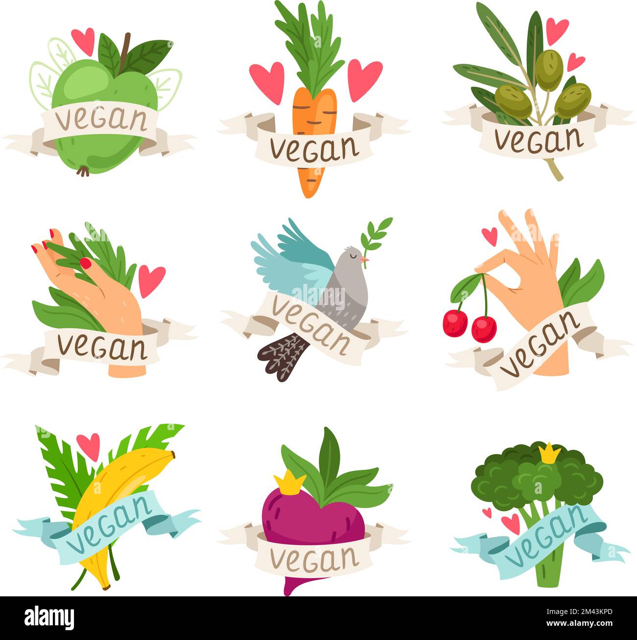 Vegan vector isolated icons with vegetables, fruits, berries and hands. Set of colourful labels