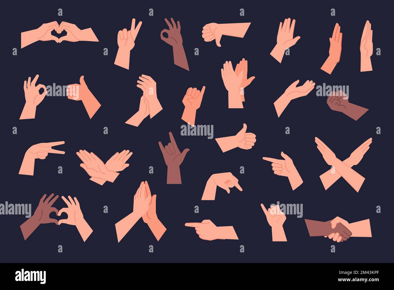 Palms poses. Hand gestures with clenched fingers, arm showing something thumb up ok five number gesture pinch wrist pose, handshake handing applause set vector illustration of palm hand gesture Stock Vector