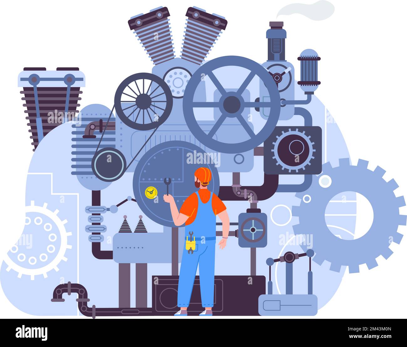 Retro machines assembly. Man assembling steam energy machine, antique industrial factory workflow, history time device manufacturing valve funnel pipe vector illustration of internal combustion engine Stock Vector