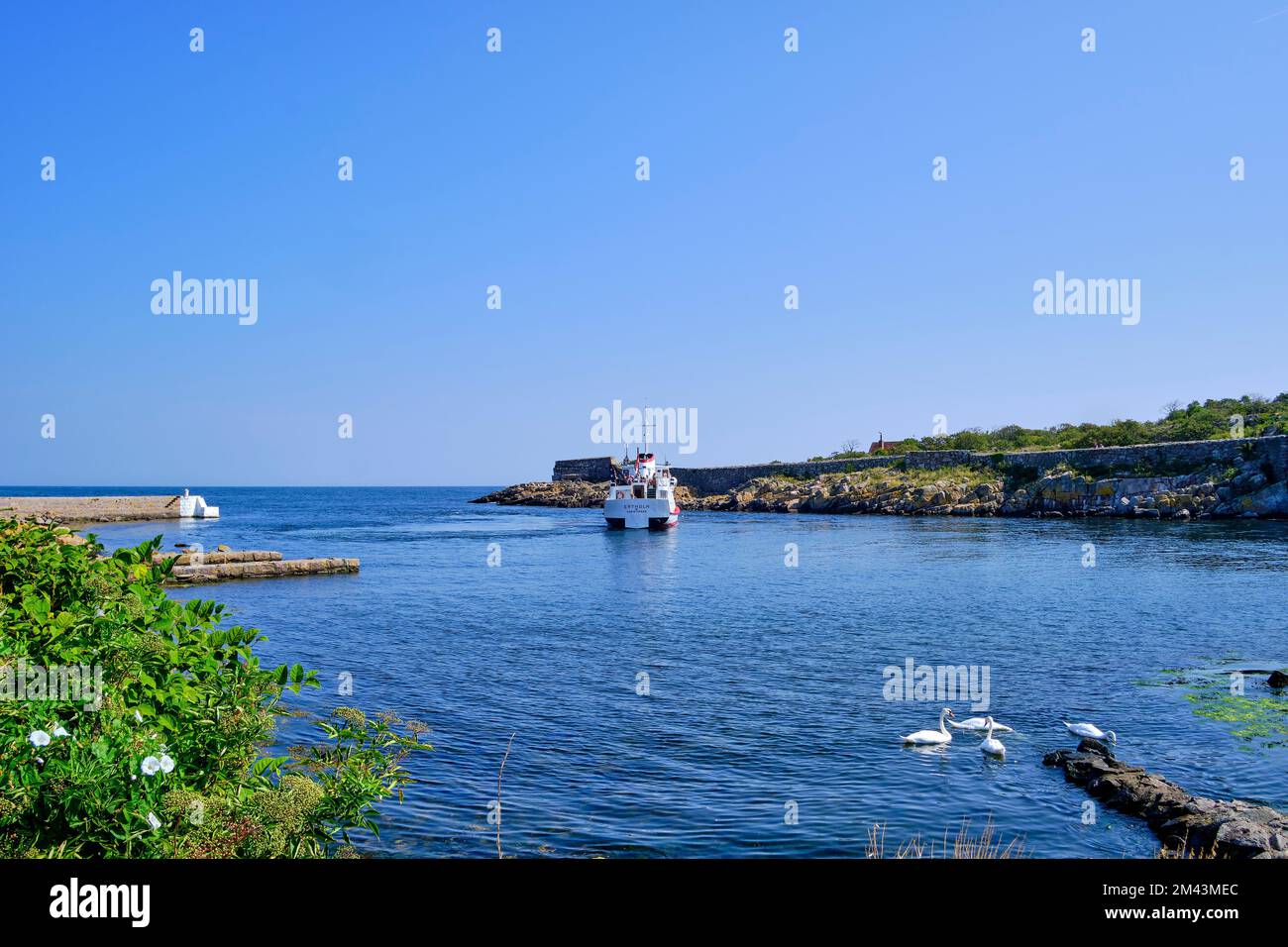 Out and about on the Ertholmen islands, view of sea and marine traffic from Frederiksö, Ertholmene, Denmark, Scandinavia, Europe. Stock Photo