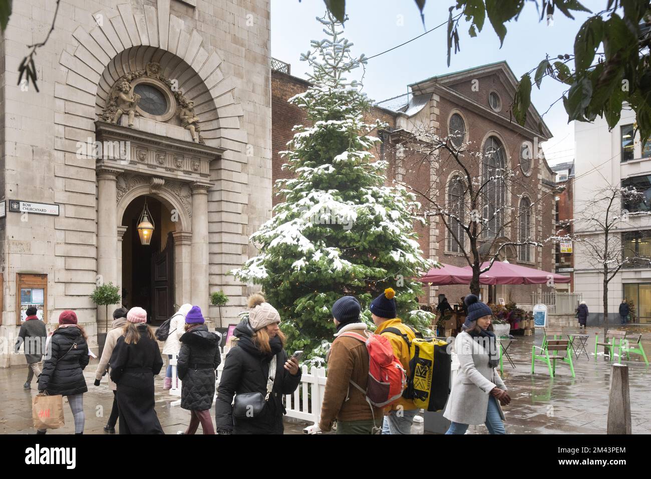 Snow covered Chirstmas Tree outside St Mary-le-Bow Church, Cheapside, City of London Stock Photo