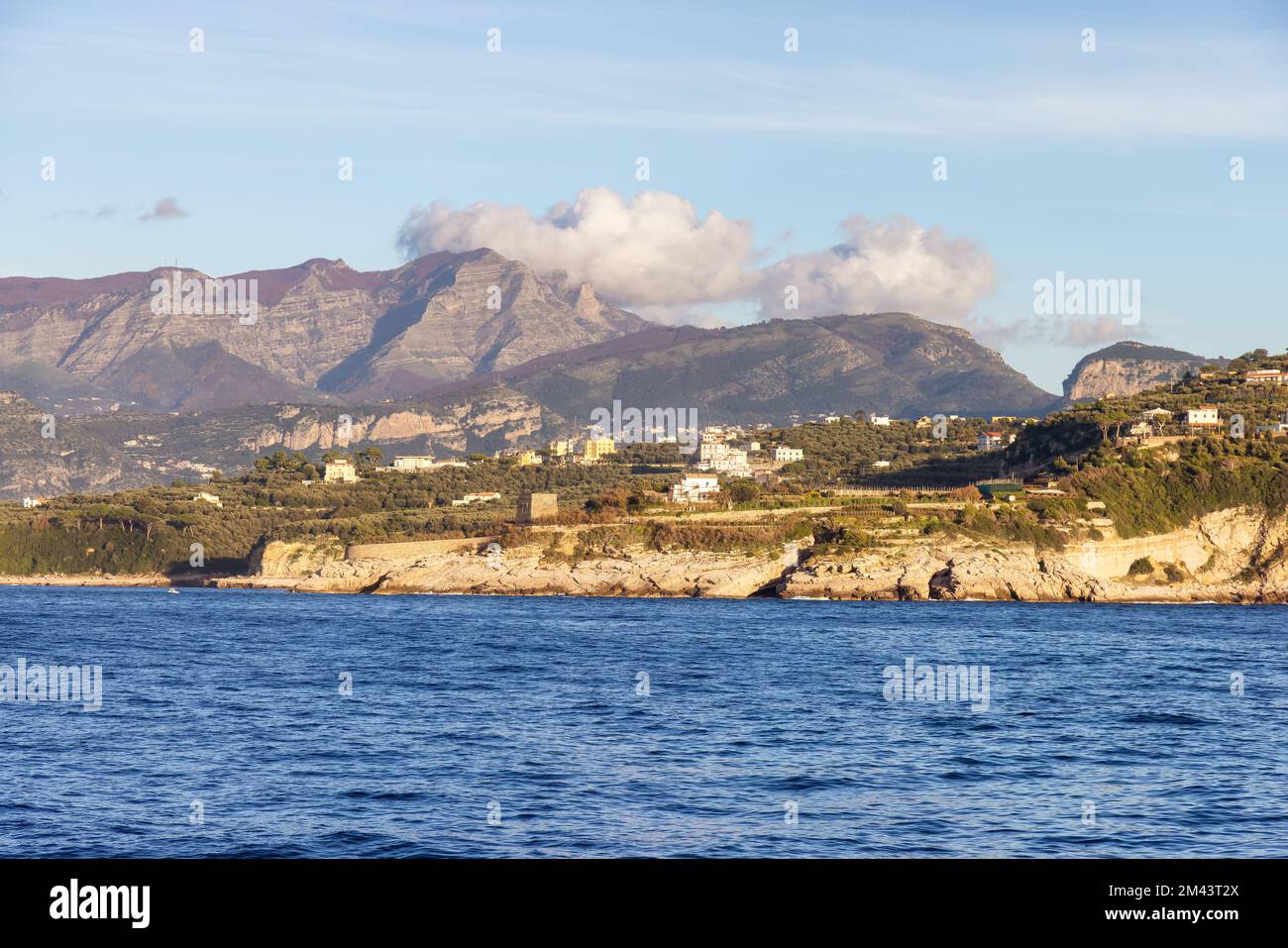 Rocky Coast and Homes near Touristic Town, Sorrento, Italy. Amalfi Coast. Stock Photo