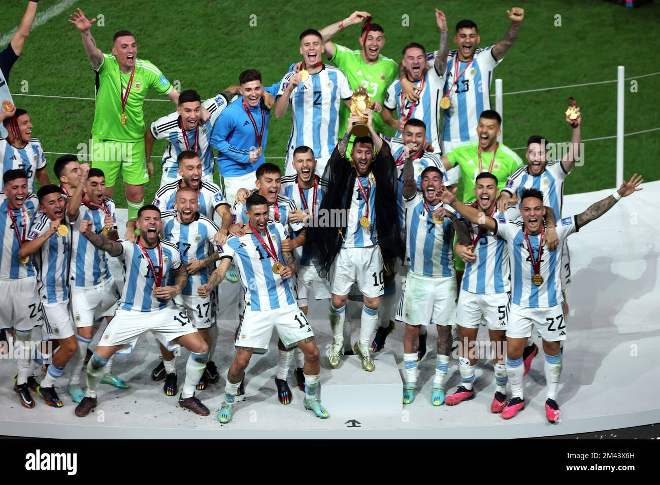 LUSAIL CITY, QATAR - DECEMBER 18: dLionel Messi of Argentina lifts the FIFA World Cup Qatar 2022 Winner's Trophy during the FIFA World Cup Qatar 2022 Final match between Argentina and France at Lusail Stadium on December 18, 2022 in Lusail City, Qatar. Photo: Igor Kralj/PIXSELL Stock Photo