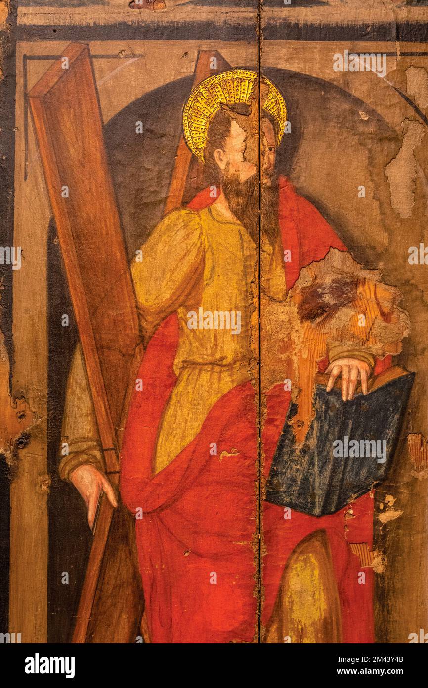 Taüll, Lleida Province, Catalonia, Spain.  Altarpiece dedicated to Saint Andrew dating from circa 1572 in the Romanesque church of Saint Climent.  Thi Stock Photo