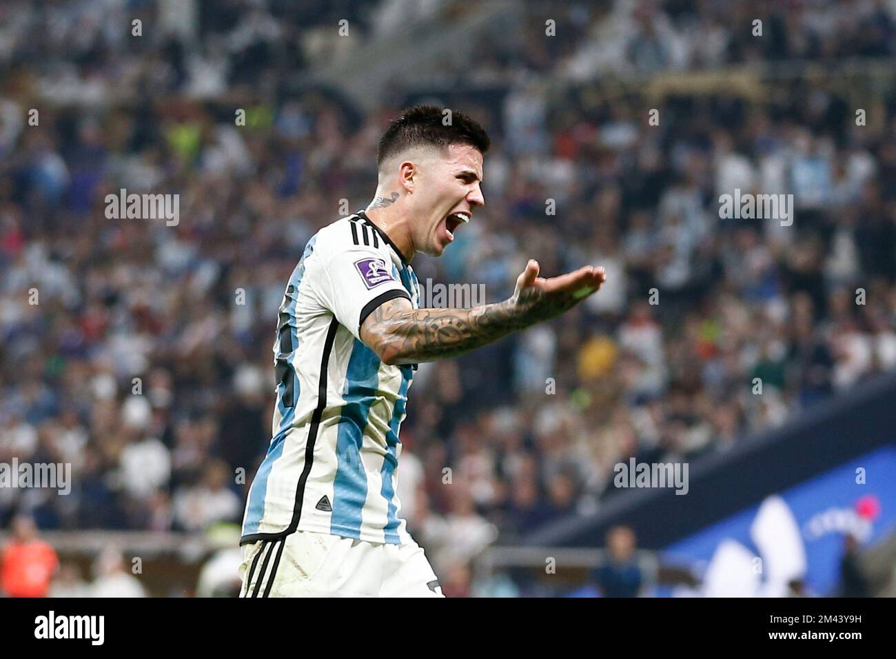 LUSAIL, QATAR - DECEMBER 18: Player of Argentina Enzo Fernández reacts during the FIFA World Cup Qatar 2022 Final match between Argentina and France at Lusail Stadium on December 18, 2022 in Lusail, Qatar. (Photo by Florencia Tan Jun/PxImages) Stock Photo