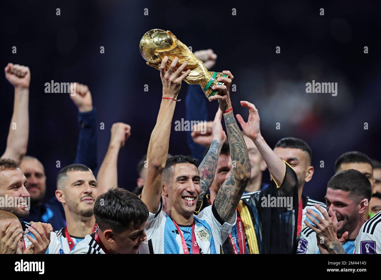 Lusail Iconic Stadium, Lusail, Qatar. 18th Dec, 2022. FIFA World Cup  Football Final Argentina versus France; Alexis Mac Allister of Argentina  lifts the world cup trophy Credit: Action Plus Sports/Alamy Live News