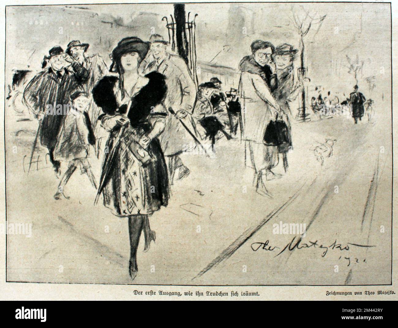 Zeichnung von Theo Matejko (1893-1946) von 1921 zum Ausgang einer jungen Dame unter den bewundernden Blicken des Publikums. Stock Photo