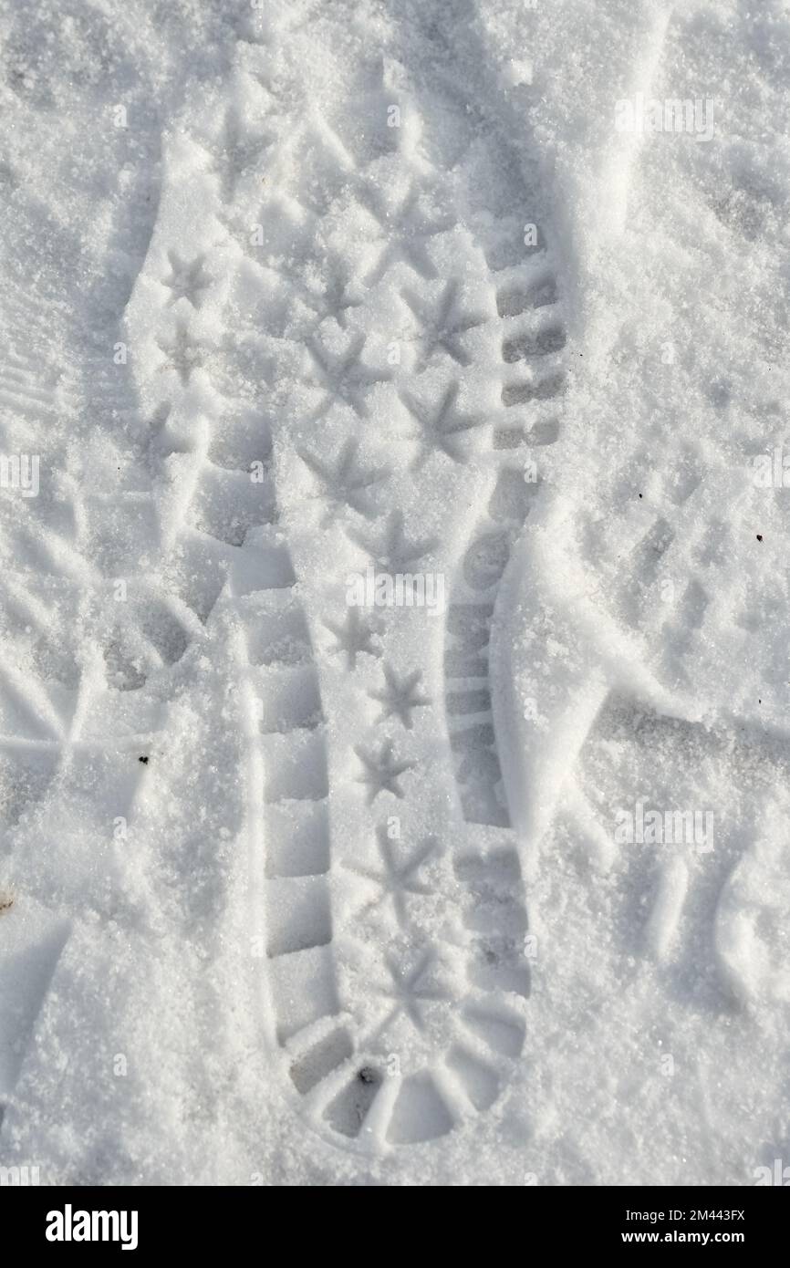 Footprint, starshaped shoe tracks in fresh snow on a sunny winter day