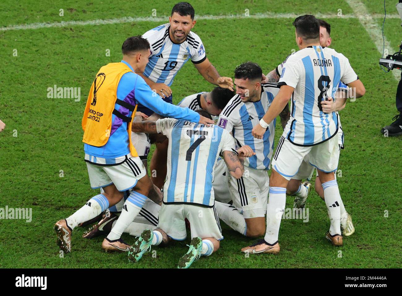 Lusail, Qatar. 18th Dec, 2022. Argentina win the penalty shoot out 4-2 and celebrate with Sergio Aguero former Argentina legend during the Final of the FIFA World Cup Qatar 2022 between Argentina and France at Lusail Stadium, Lusail, Qatar on 18 December 2022. Photo by Peter Dovgan. Editorial use only, license required for commercial use. No use in betting, games or a single club/league/player publications. Credit: UK Sports Pics Ltd/Alamy Live News Stock Photo