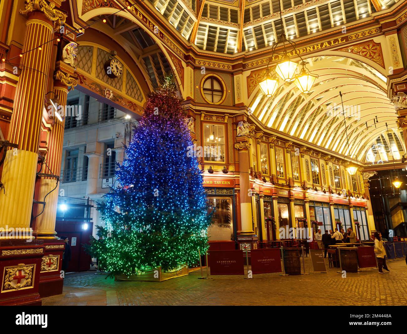 View of the colourful Christmas tree inside Leadenhall Market in London Stock Photo