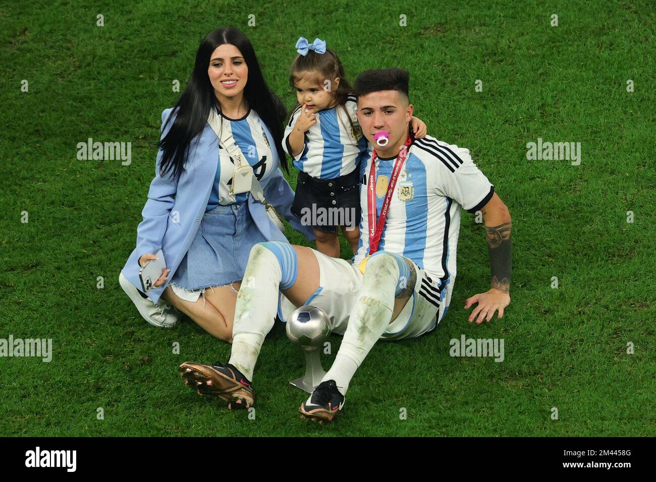 Lusail, Qatar. 18th Dec, 2022. Enzo Fernandez of Argentina celebrates with family during the Final of the FIFA World Cup Qatar 2022 between Argentina and France at Lusail Stadium, Lusail, Qatar on 18 December 2022. Photo by Peter Dovgan. Editorial use only, license required for commercial use. No use in betting, games or a single club/league/player publications. Credit: UK Sports Pics Ltd/Alamy Live News Stock Photo
